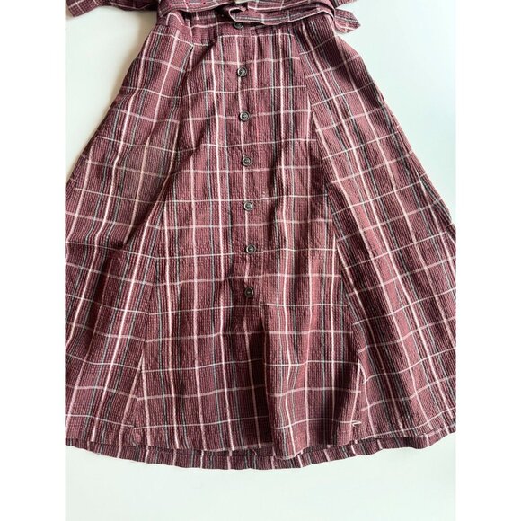 MOUSSY Dark Red Burgundy Check Cotton Seersucker Retro Midi Shirt Dress, Size M - Picture 10 of 13